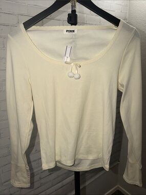 NWT PINK Victoria's Secret Cream Scoop Neck Long-Sleeve Top with Pom Tie
